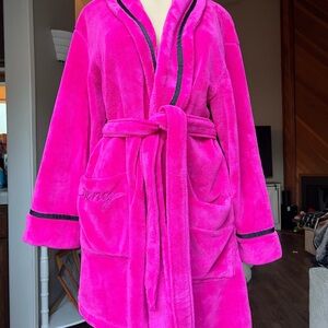 DKNYC Pink Plush Robe with Black Trim